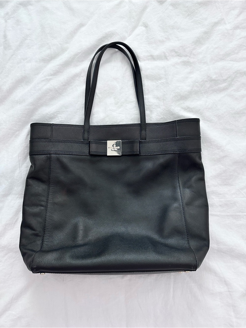 Kate Spade Black Leather Large Tote Bag Silver Logo